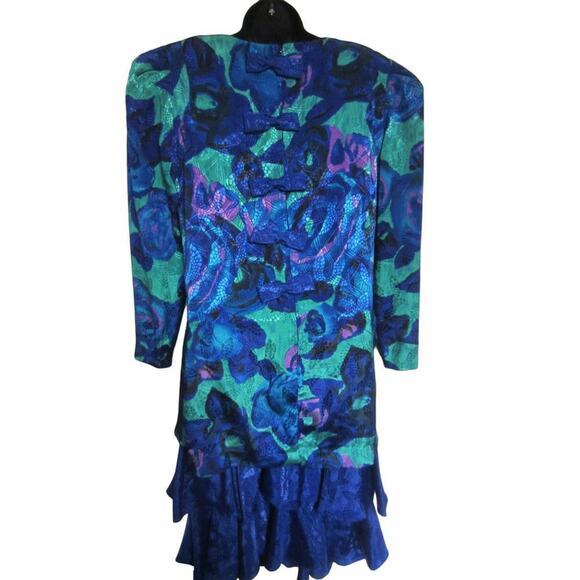 Vintage 80s Metallic Floral Party Dress Blue Green Plaza South Size 8 - Picture 8 of 8